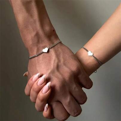 2pcs Stainless Steel Heart Couple Bracelets, - Minimalist Design - Suitable For Everyday Wear And Vacation - Ideal Gift For Valentine's Day, All Seasons Fathers Day Gift School Halloween Accessories Punk Streetwear Accessories Jeans Accessories