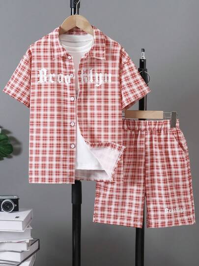 Pre-Teen/Teen Boys' Casual Outdoor Loose Checkered Print Shirt & Shorts Set, Summer