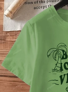 Camiseta de mujer de cuello redondo de manga corta con estampado de árbol de coco, uso casual y sencillo para el verano