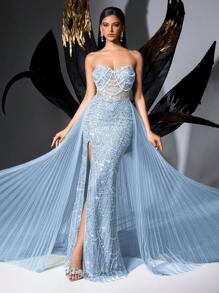 LUVISTRUE 魅力女神亮片派对正式礼服，奢华女士晚礼服，适合红毯、生日派对、毕业舞会、盛大晚宴、慈善舞会、颁奖典礼等场合，纯色无肩带网纱系带开衩连衣裙 - 淺藍色 - 查看 5