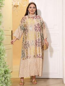 2026新款斋月传统优雅刺绣串珠连衣裙，V领，高端阿拉伯女装，春夏款 - 杏色 - 查看 10