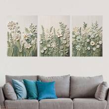 3pcs/Set No Frame Canvas Prints, Green Leaves And Flowers Decorative Painting, Light Green Flower Decoration, 3D Artistic Flower Prints, Indoor Home Wall Decoration Art Gifts Birthday Graduation