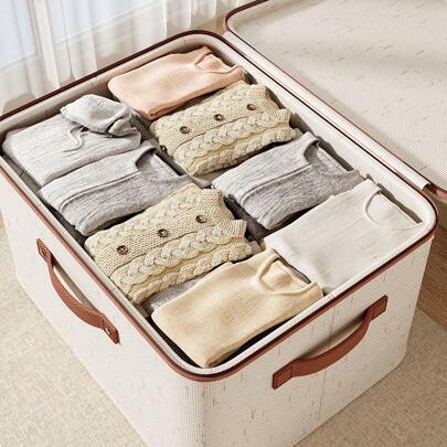 1pc Linen Fabric Storage Box With Lid, Foldable Clothes/Toy Storage Organizer For Home/Bedroom Use