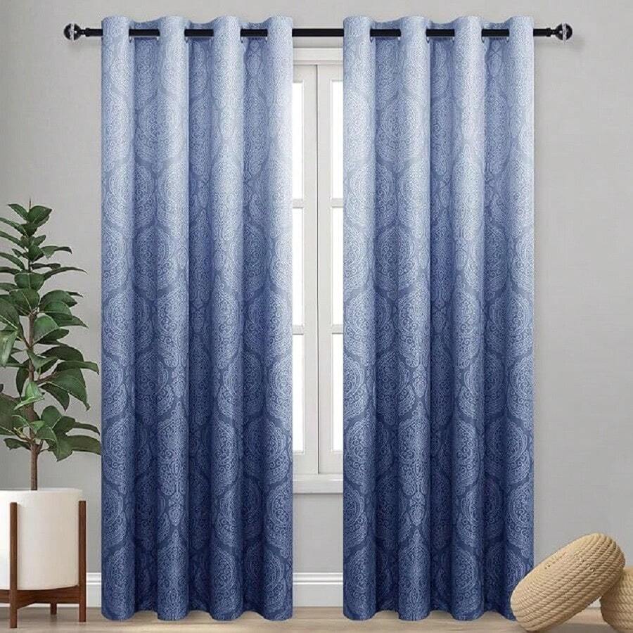 DWCN 2pcs Ombre Blackout Curtains For Bedroom - Damask Patterned Thermal Insulated Grommet Curtains For Living Room - 新深藍 - 查看 1
