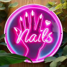 Vivid Neon "Nail" Sign - Circular Aluminum Wall Art With Pink And Purple Glow, Great For Home, Bar, Cafe Decor - Fashionable Tin Art, Perfect Gift For Friends, Family, DIY Lovers, Neon Sign For Wall Decoration, Random Hole Design Gifts Birthday Graduation