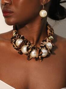 3pcs/Set Beaded Fabric Leopard Print Faux Pearl Circle Necklace & Earring Jewelry Set, Suitable For Women's Evening Party, Gathering, Vacation And Daily Wear