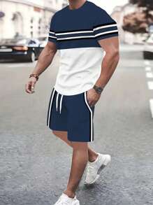 Conjunto de 2 piezas para hombre, camiseta de cuello de tripulación de manga corta con estampado gráfico de bloque de color y rayas, y pantalones cortos con cordón para actividades al aire libre en verano