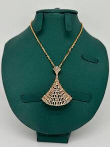 2 件时尚优雅扇形设计合金微镶嵌 3A 方晶锆石项链和耳环首饰套装，适合女性日常、晚会、婚纱配饰、约会、礼物 - 金色 - 查看 7