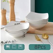4pcs/8pcs 7.8 Inch White Salad Bowl And Plate Set, Reusable Plastic Bowls And Plates For Cold Dishes, Hot Food, Dessert, Party Food, Stackable Storage, Suitable For Family Gatherings, Hotels, Microwave Friendly, Outdoor RV/Camping Picnics, Lightweight, Collapsible, Reusable, Foldable Summer Wedding Tableware,School Supplies