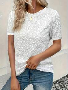 Áo thun trơn màu cỡ lớn có lỗ, Áo thun tay ngắn thường ngày cho nữ, Mùa xuân hè - trắng - Xem 3