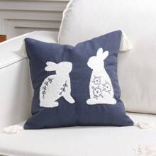 1pc Running Rabbit Embroidery Pillow Cover, Easter Decor For Living Room Sofa, Made Of Polyester Fiber, Without Filling - Blue - View 9