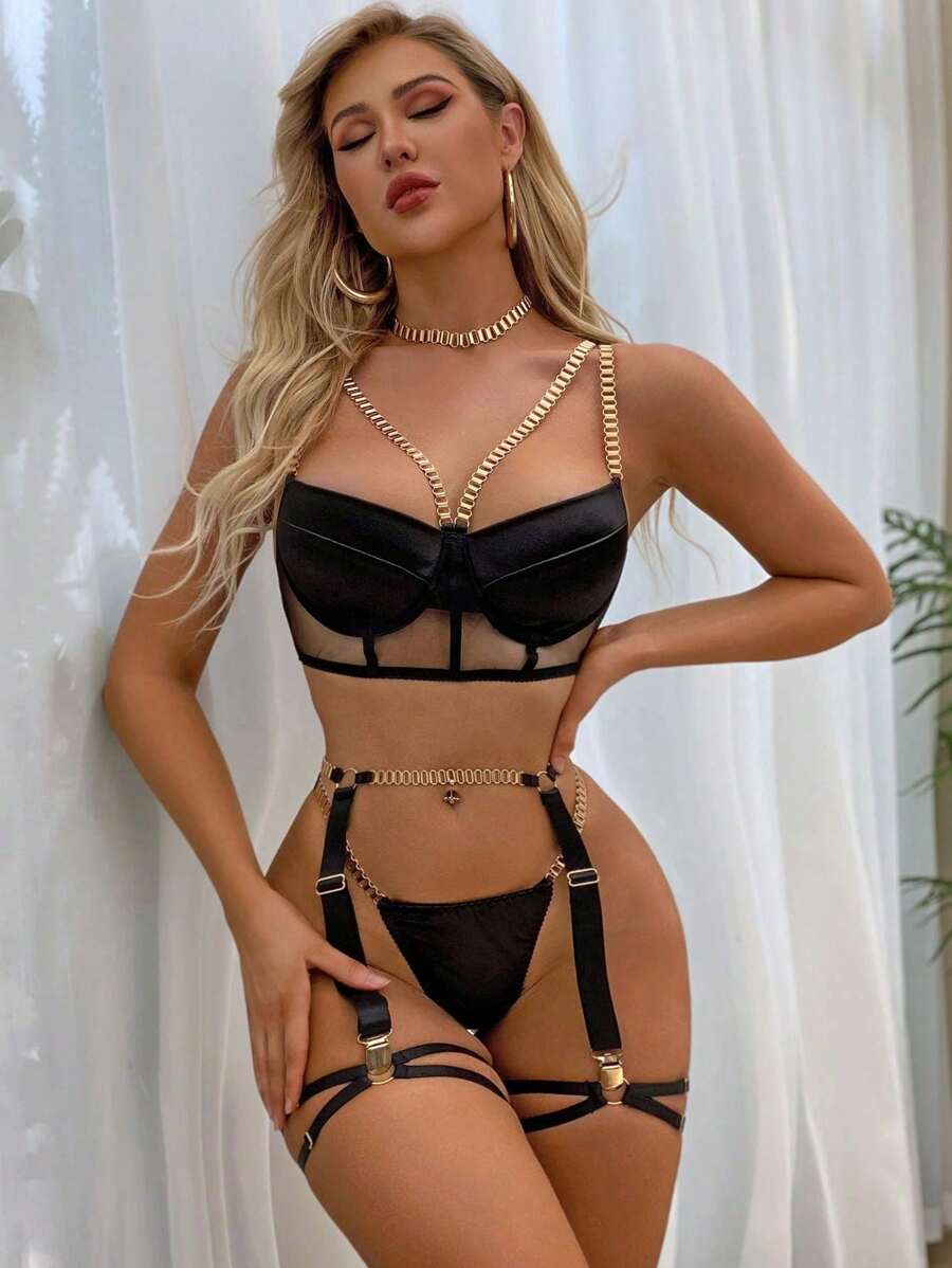 (4pcs/set) European And American Style Sexy Lingerie Set, Metal Chain Decor
