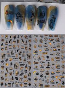 全息黑金美甲贴纸 2/4 张 3D 自粘美甲贴花 热带度假风，包含棕榈叶、菠萝、火烈鸟、冰淇淋、椰子、贝壳等美甲图案，适合 DIY 美甲装饰 - 彩色 - 查看 11