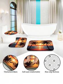 4 pièces Ensemble de rideaux de douche et accessoires de salle de bain avec tapis antidérapants, couvercle de toilette et tapis de bain. Imperméable, séchage rapide, résistant aux moisissures. Décoration de salle de bain avec 12 crochets. Thème chocolat, bonbon, citrouille d'Halloween, cœurs, navette spatiale, coucher de soleil, plage, palmiers pour la maison, l'hôtel, le dortoir