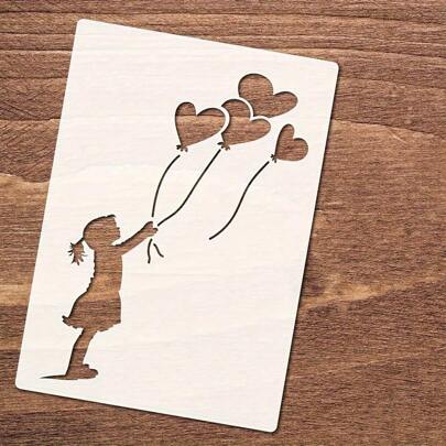1 件奇思妙想女孩和心形气球模板 - 11.7x8.3 英寸可重复使用象牙色塑料设计，适用于 DIY 家居装饰、墙面艺术、木质标牌、帆布工艺品和家具项目、返校、学校用品