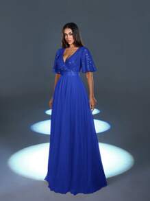 Faeriesty Women Elegant Elegant V-Neck Overlay Dress With Delicate Ruffle Sleeves & Flowy Chiffon Hemline - Timeless Versatile Design For Spring/Summer Weddings, Galas, Evening Soirees, Formal Receptions,Summer Holiday Outfits - Royal Blue - View 5