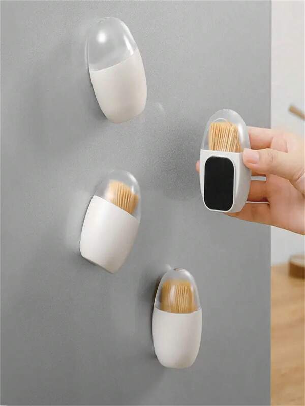 1pc Wall-Mounted Magnetic Toothpick Holder - Fashionable White, PP Material Resistant To Stains, Suitable For Kitchen And Dining Room Storage