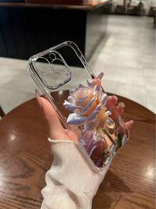 1pc geperforeerde, hoge, transparante, bloemenpatroon, dikke, schokbestendige, geverfde telefoonhoes