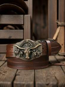 1pc Western Cowboy Style Bull Head Buckle Leather Belt, Fashion PU Material Unisex Retro Belts, 4 Colors Available - Ox - View 1