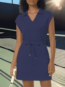Women's Two Piece Skirt Sets Tennis Outfits Fashionable Casual Cap Sleeve Lapel Shirt Summer Sport Short Skort Set - 藏蓝色 - 查看 1