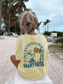 Magliette grafiche estive da donna con stampa di slogan e palme, scollo rotondo, maniche corte, modello ampio e casual, disponibili in bianco, nero e rosa, ideali per look da vacanza - Giallo - Visualizzare 1