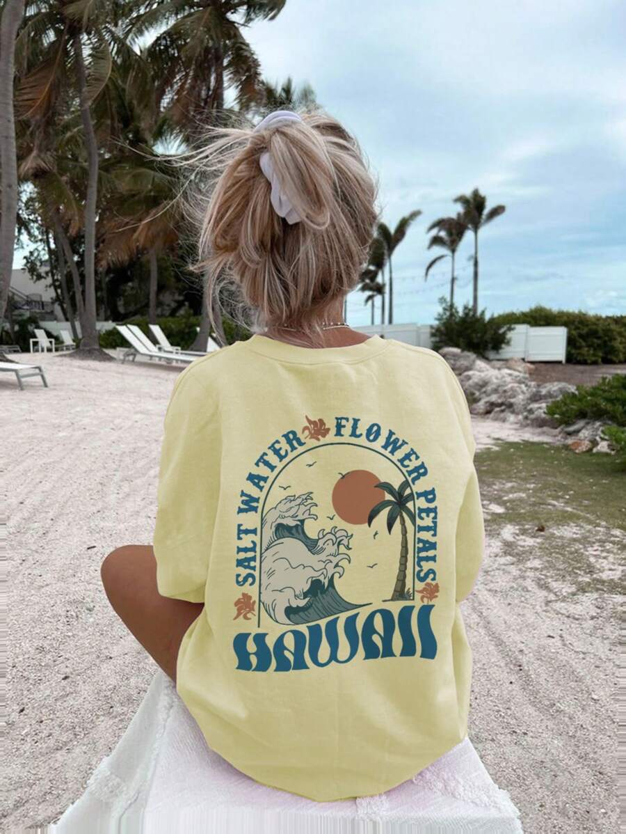 Magliette grafiche estive da donna con stampa di slogan e palme, scollo rotondo, maniche corte, modello ampio e casual, disponibili in bianco, nero e rosa, ideali per look da vacanza - Giallo - Visualizzare 1