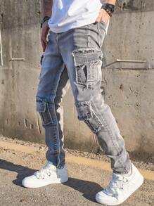 Quần Jeans Nam Phong Cách Mới Thời Trang Âu Mỹ Hiphop Cargo Co Giãn Ôm Vừa Nhiều Túi Thường Ngày - Xám - Xem 4