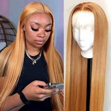 Honey Blonde Wig Human Hair 200% Density 13x6 Honey Blonde HD Transparent Lace Front Wig Human Hair Pre Plucked Straight Blonde Lace Front Wig Human Hair Colored 27# Lace Frontal Wig 30 Inch - S27 - 查看 3