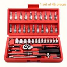 46 piezas Juego de herramientas de reparación automotriz multifuncional, incluye juego de llaves de trinquete, zócalos, 1/4" de accionamiento, barras de extensión de acero al cromo vanadio, para mantenimiento de automóviles y uso doméstico - Estructura enchapada en acero