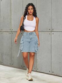 Quần short Bermuda denim dáng cargo, túi nắp gập, chi tiết rách rưới kiểu râu mèo, viền tua rua, phong cách thường ngày mùa hè. - Xanh và trắng - Xem 5