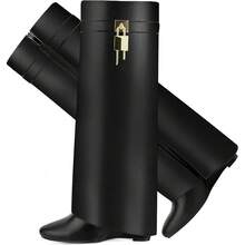 Fold Over Boots For Women Pointy Pull-On Wedge Heel Knee Shark Boot With Side Zipper Padlock DesignChristmas - 黑色鱷魚 - 查看 2