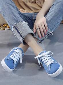 平底休闲女式一脚蹬运动鞋，百搭舒适乐福鞋 - 藍色 - 查看 3