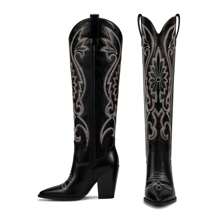 Botas altas de vaquera hasta la rodilla para mujer con punta bordada, tacón ancho y fácil de poner - Botas occidentales retro altas