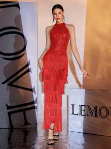 LOVE&LEMONADE Layered Fringe Trim Sequin Dress - Red - View 1
