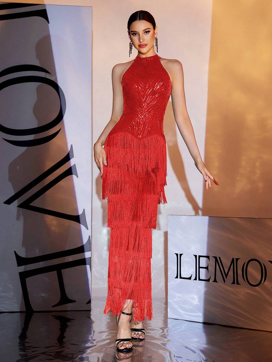 LOVE&LEMONADE Layered Fringe Trim Sequin Dress - Red - View 1