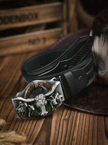 1pc Western Cowboy Style Bull Head Buckle Leather Belt, Fashion PU Material Unisex Retro Belts, 4 Colors Available - Ox - View 7