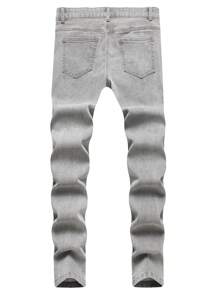 Men's Elastic Skinny Casual Jeans, Solid Color Distressed Slim Fit Pants - Grey - View 2