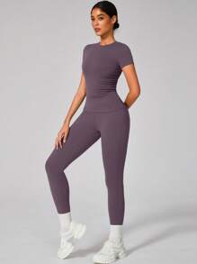 Women's Short Sleeve Top And Elastic Yoga Pants Set - Purple - View 6