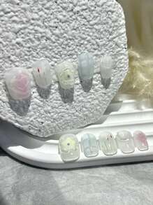 10PCS Dopamine Handmade Wear Nails Cartoon Cute Blush Nail Art Removable Sweet Playful Short Fake Nails Coffin Nails Nail Supplies(1 Sheets Jelly Stickers+1PC Nail File) Press On Nails