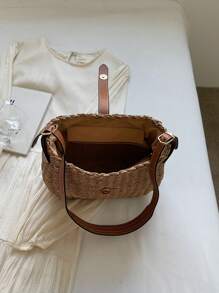 女士时尚 PU 皮革和编织草编单肩包，便携，适合旅行和度假