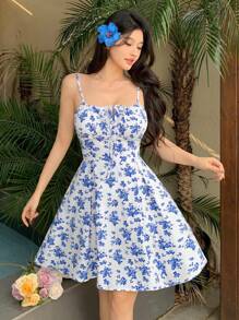 abyoxi Women's Floral Suspender Short Dress, Suitable For Play Dress, Beach Dress, Picnic Dress, Daily Dress