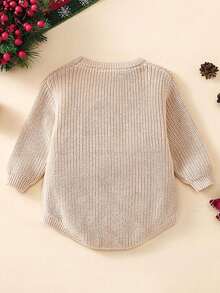 Mono de punto con cuello redondo y manga larga con bordado de letras para bebé, mi primer suéter navideño - Caqui - Ver 5