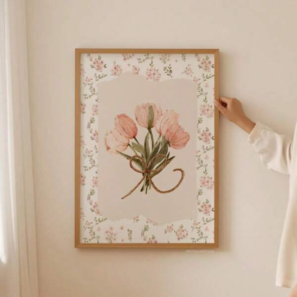 1 PC Vintage Tulip Canvas Print Dainty Wall Art Print Flower Poster Beautiful Printable Art Pink Wall Art Vintage Decor Dainty Poster Teen Girl-Like Cute Modern Home Living Room Bedroom Pink Decorative Painting Frameless