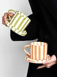 1 szt. Klasyczny ceramiczny kubek do kawy w paski i spodek, skandynawski minimalistyczny kubek w stylu retro, odpowiedni do latte, kawy, matchy, herbaty, kawy arabskiej, duża pojemność amerykańskiego kubka do kawy, świetny prezent dla przyjaciół i rodziny