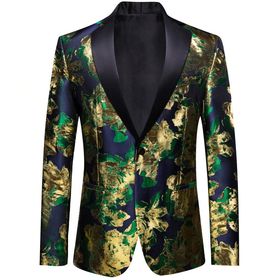 Plus Size Men Floral Jacquard Blazer Suit Jacket For Party & Wedding - Green - View 1