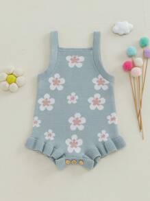 Baby Girls Knit Romper Spring Fall One Piece Knitted Jumper Jumpsuit Sleeveless Ruffle Trim Floral Print Bodysuit Top Summer Outfit