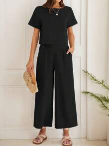 Suits For Women Dressy,Sweat Suits For Womens 2 Piece,Women's Short-Sleeved Blouse High-Waisted Pants Casual Suit - Black - View 3