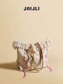 JNIJLI 1 pezzo Borsa a tracolla in paglia bohémien carina con decorazione a nappina, borsa a spalla intrecciata stile francese fatta a mano, grande capacità, adatta per pendolarismo, tempo libero alla moda, viaggi, matrimoni in spiaggia, gite all aperto, vacanze