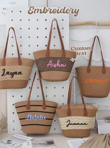 (Custom-Made) 1pc Personalized Embroidered French Countryside Style Rope Woven Handbag, Women's Summer Large Capacity Striped Shoulder Tote Bag, Beach Basket, Suitable For Vacation,Multifunction,Versatile,Large Capacity,Lightweight,School Supplies,Back To School,School Gift,For Office,For School,For Classroom,For Teacher Gifts,For University,For Colleague,For Dorm Rooms,For Teacher,For Boys And Girls,For Teenagers,Junior High School Students,Middle School Students,High School Senior High School Students,College Students,University Students,Freshman,Sophomore,Underclassmen - Multicolor - View 2