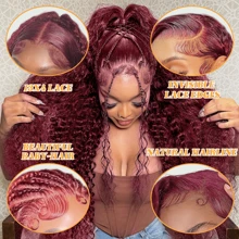 99j Burgundy Lace Front Wigs Human Hair Deep Wave Lace Front Wigs Human Hair Pre Plucked Red Curly Human Hair Wig 13x4 HD Colored Frontal Glueless Wet And Wavy Loose Deep Wave - S99J - 查看 6